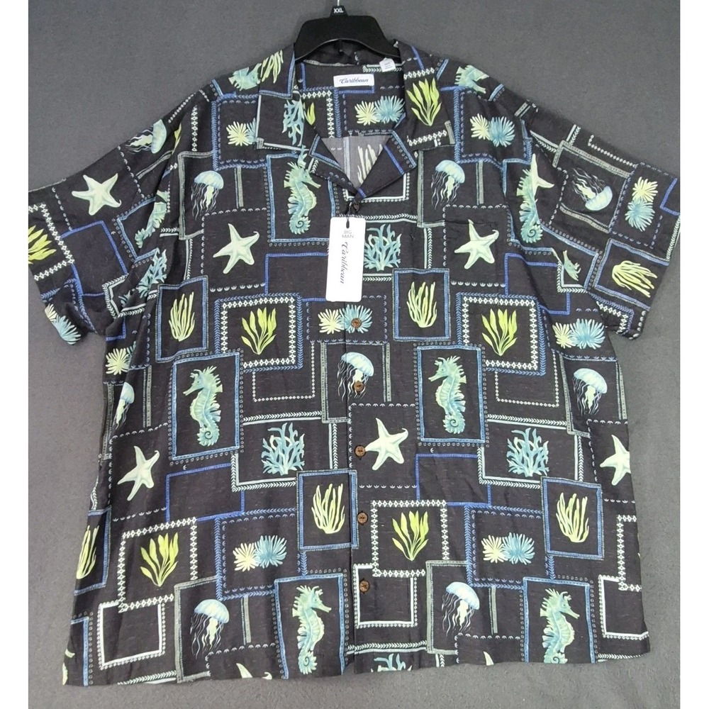 Caribbean Roundtree York 2XB Camp Shirt NWT Modal Polyester Black Sea Creatures